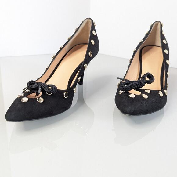 Anthropologie Hoss Intropia Black Pointed Toe Heels Gold Studs Cut Out Bows 37 - Picture 9 of 10